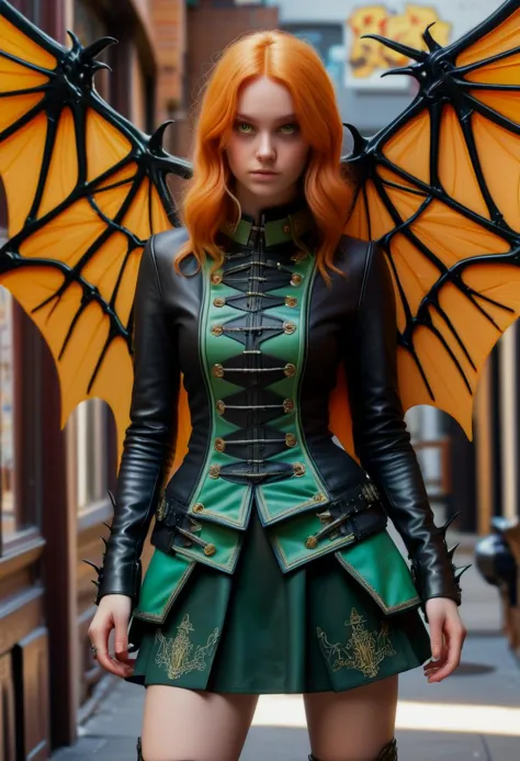 a woman in a green and black outfit with wings on her back