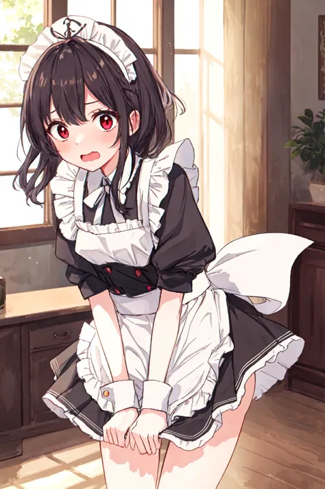 1girl, (masterpiece, top quality, best quality, beautiful and aesthetic:1.2), red eyes,
black hair, long hair, wearing a maid ou...
