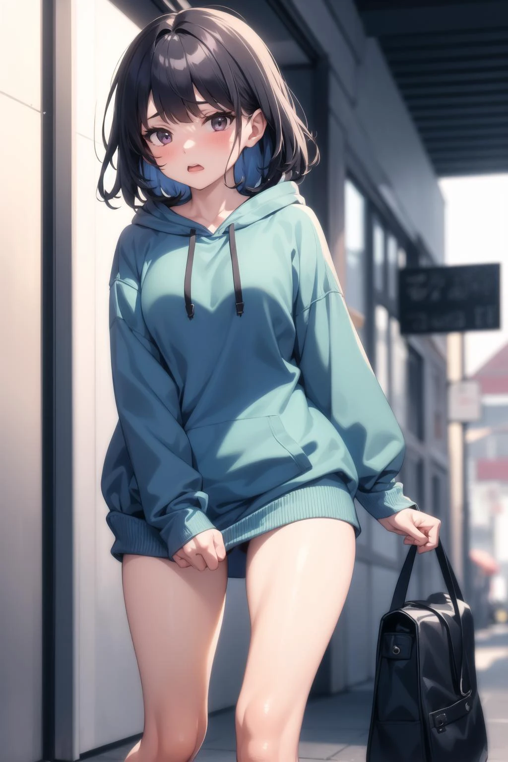 1girl, clothes tug, oversized clothes, hoodie, naked hoodie, sweater tug, wind, implied pantyshot,, masterpiece, best quality, highly detailed