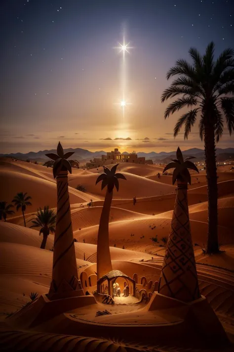 a group of three palm trees in the desert with a star in the sky