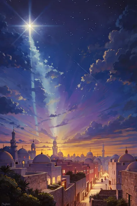 a painting of a star shining over a city with buildings