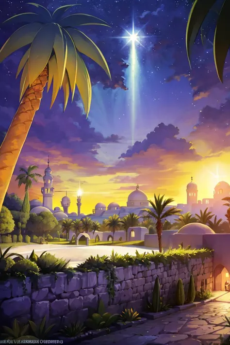 a cartoon scene of a star shining over a desert town