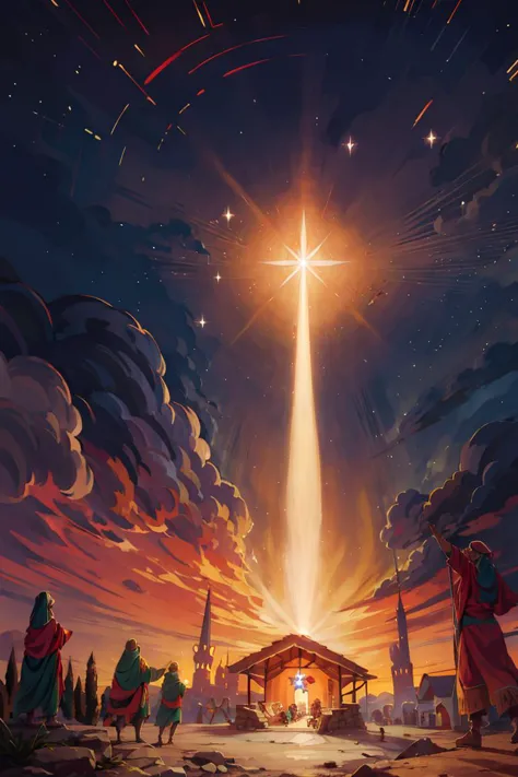 a christmas scene with a star shining over a manger