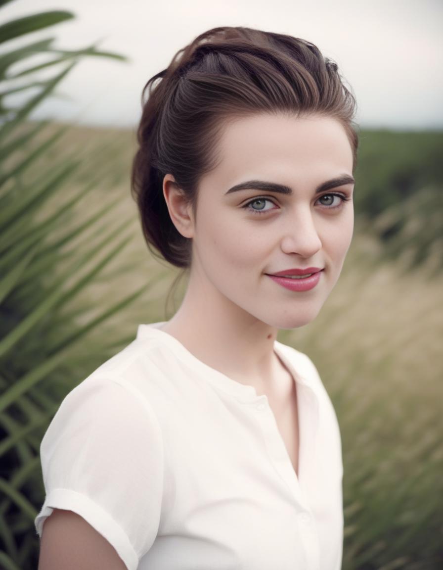 A close up of a woman with a white shirt and a green plant - SeaArt AI