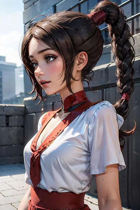 anime girl with ponytail in a white shirt and red tie