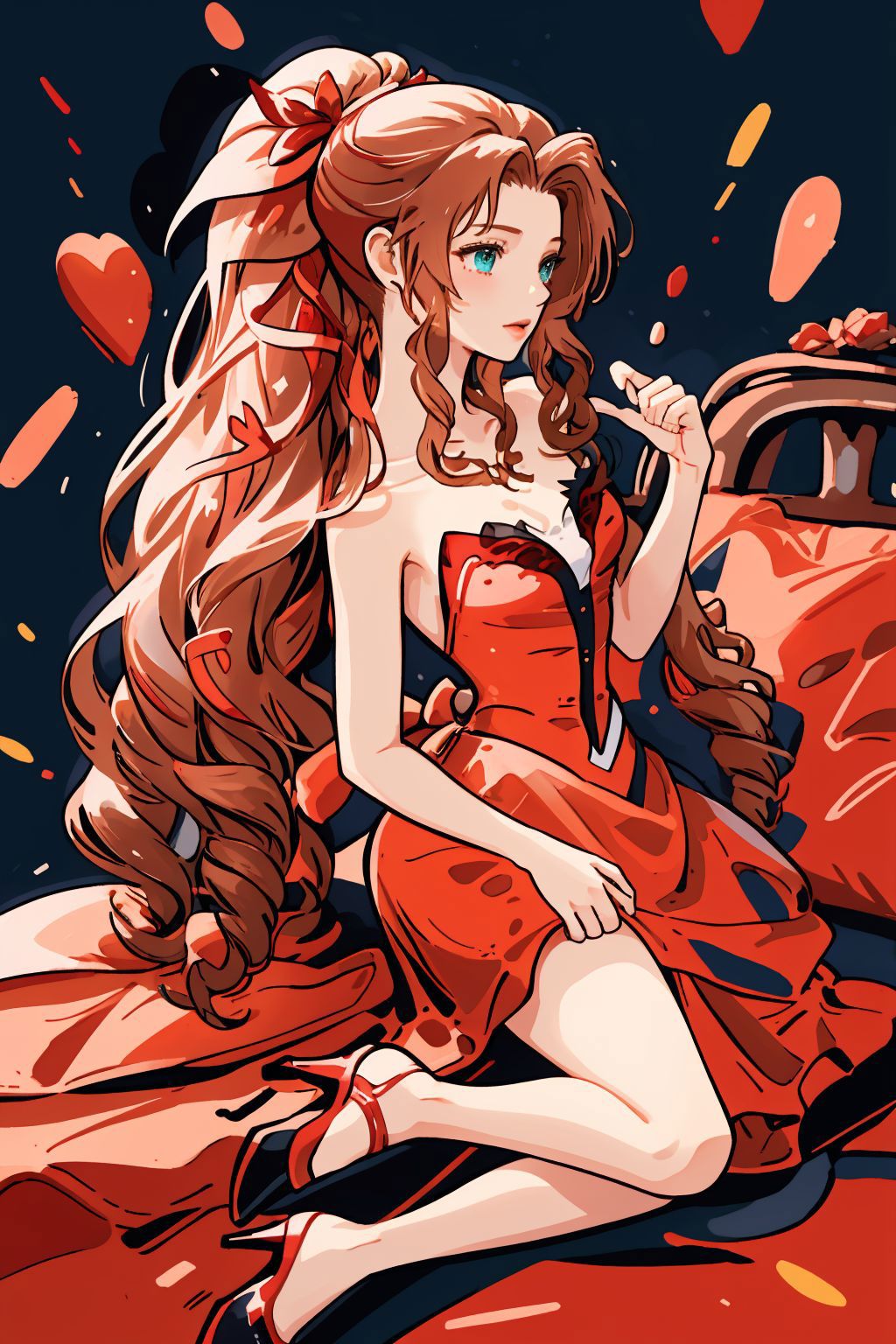 A woman in a red dress sitting on a red car - SeaArt AI