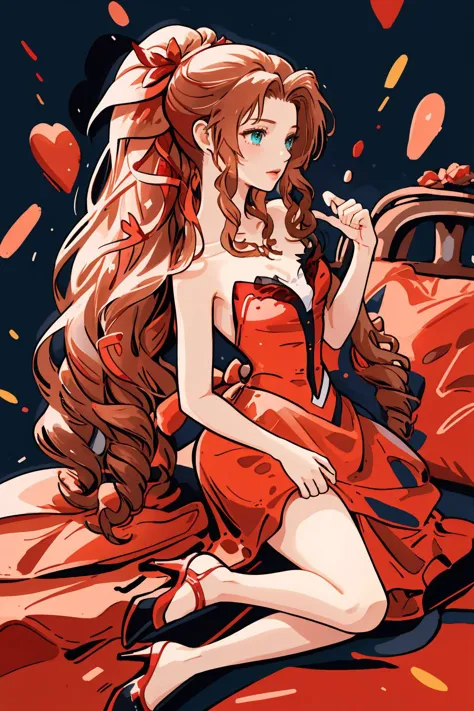 1fille,seulement,  Aerith Gainsborough, cheveux très longs, rubans pour cheveux, Fleurs de cheveux, robe rouge sans bretelles, Talons hauts, (chef-d&#39;œuvre, Meilleure qualité, Haute qualité, haute résolution, ultra-détaillé),