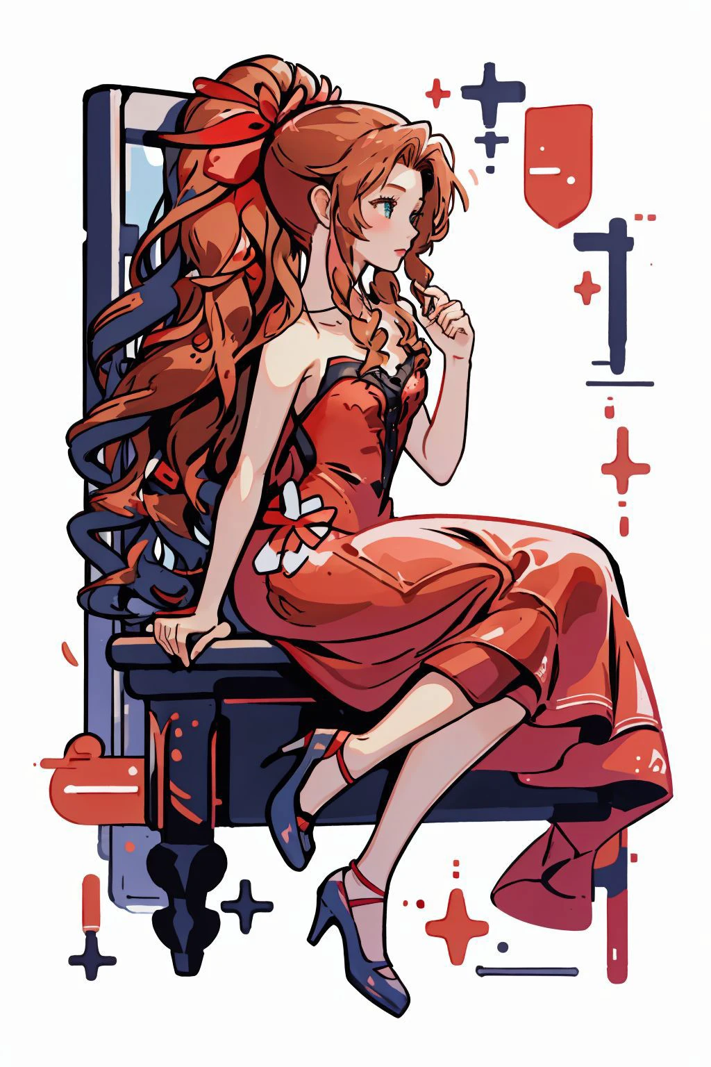 1girl,solo,  aerith gainsborough, very long hair, hair ribbons, hair flowers, strapless red dress, high heels, (masterpiece, best quality, high quality, highres, ultra-detailed),