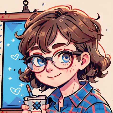 <lora:bzl:0.8>, <lora:niji-sharpie:1.0>, Niji Sharpie, bzl_test, (grey|blue) eyes, short curly brown hair, glasses, flannel shirt, (freckles:0.4), closed smile, masterpiece, 8k, high resolution, shallow depth of field, sharp focus