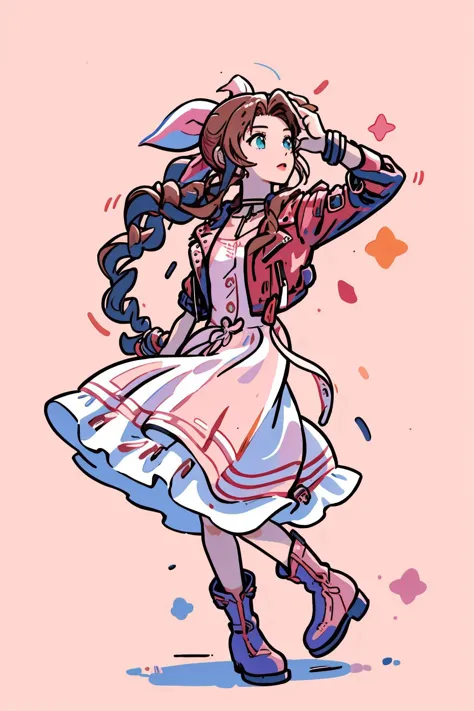 1 Mädchen,Allein,  Aerith Gainsborough, HALSBAND, Kurze Jacke, Haarschleife, Armband, Pinkes Kleid, braune Stiefel, (Meisterwerk, beste Qualität, gute Qualität, highres, ultra-detailliert),