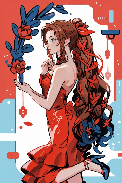 1girl,solo,  aerith gainsborough, very long hair, hair ribbons, hair flowers, strapless red dress, high heels, (masterpiece, best quality, high quality, highres, ultra-detailed),