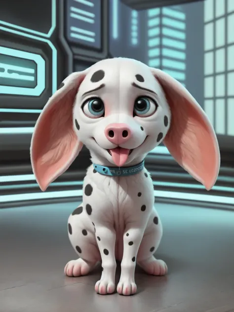 Hyper realistic, ultra detailed, masterwork image of <lora:Cadpig-_101D:1> dalmatian, soft fur, fluffy fur, puppy, chibi, feral, Cadpig with large ears, Begging, Playful expression, tongue lolling.  In a futuristic city, detailed background. <lora:TeddyBea...