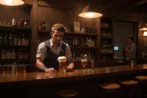 arafed man standing at a bar with a beer in a glass