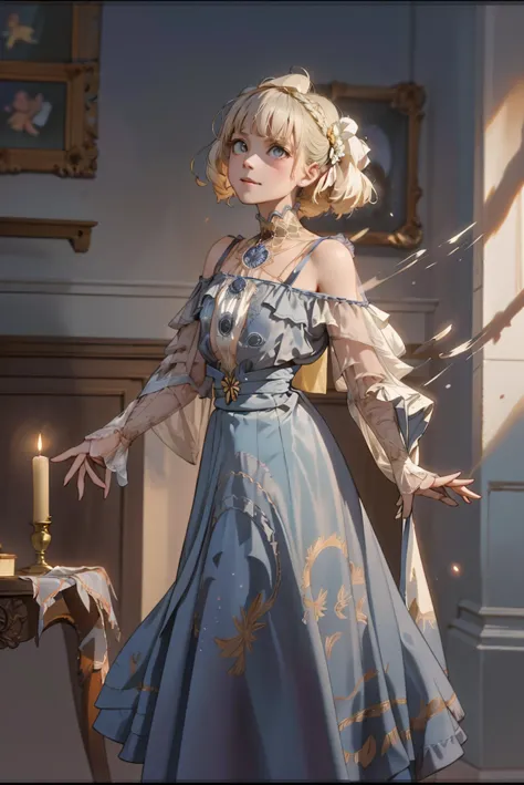 little girl, pleased, proper, ballroom, female, <lora:1900_dress_v2:1> 1900_dr3ss, cinematic, atmospheric, dust particles, chiaroscuro