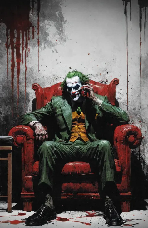 batman the dark knight joker sitting on a red chair with blood dripping down the walls