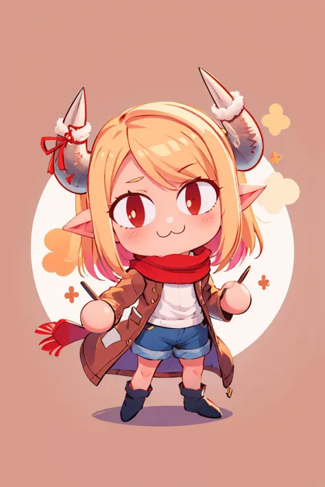 a cartoon girl with horns and a scarf holding a knife