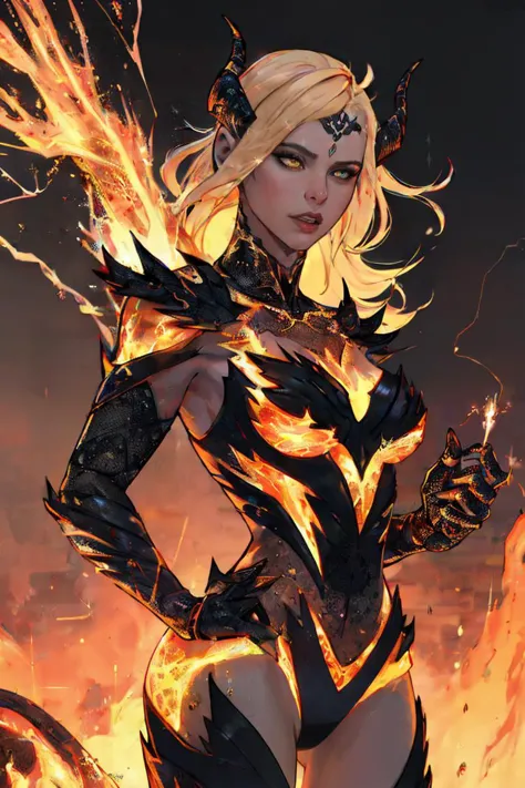 a woman in a black and gold outfit with flames on her chest