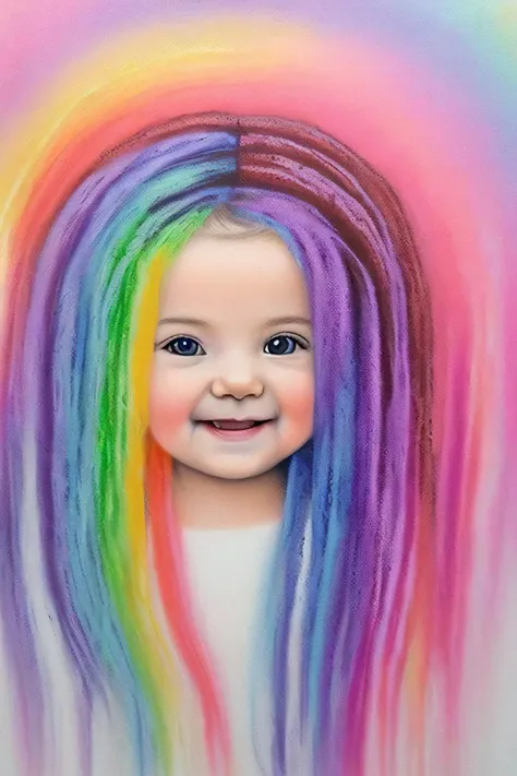 a close up of a child with a rainbow colored hair