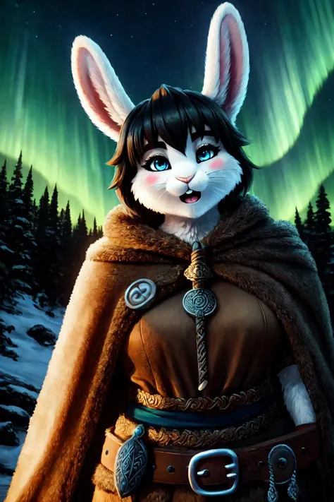 ancient viking,  (anthro rabbit:1.3), (standing by wooden pole:1.2), (drinking:1.4), looking at viewer, (short black hair:1.2), ...