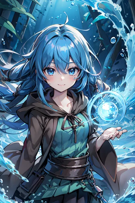 a girl with blue hair and a blue cape holding a crystal ball