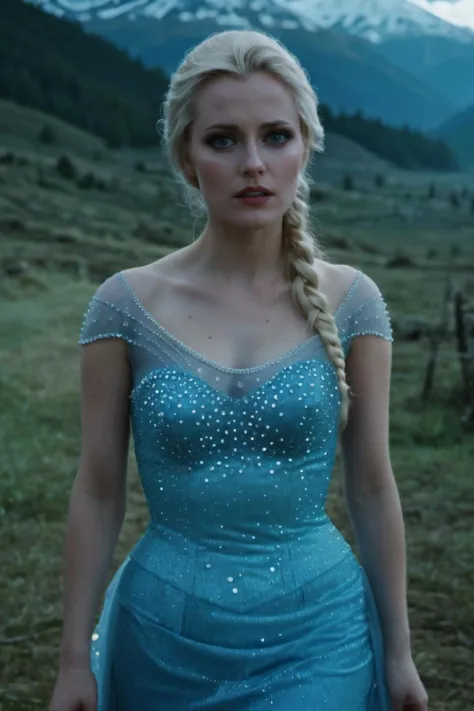 elsa of arendelle wearing blue dress at a cursed village haunted by vengeful spirits <lora:Elsa_XL:0.8> . 35mm photograph, film,...