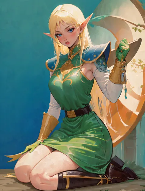 a woman in a green dress sitting on a bench with a sword