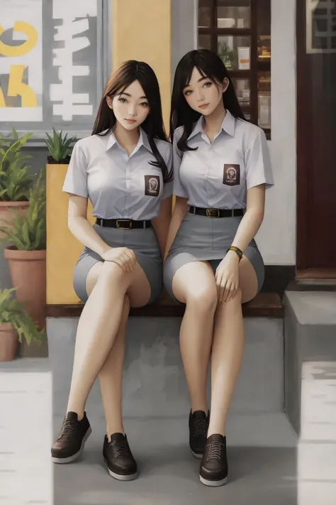 two women sitting on a step with their legs crossed