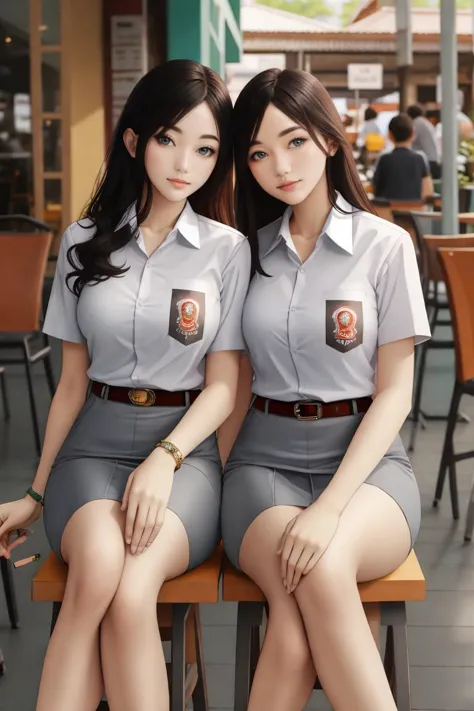 (((Ultra-HD-quality-details))) , two women, sitting, outdoor cafe, cewe-sma, from fitting, white shirt, gray skirt, belt, looking at viewer <lora:cewe-sma-2:1>