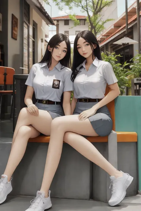 (((Ultra-HD-quality-details))) , two women, sitting, outdoor cafe, cewe-sma, from fitting, white shirt, gray skirt, belt, looking at viewer <lora:cewe-sma-2:1>