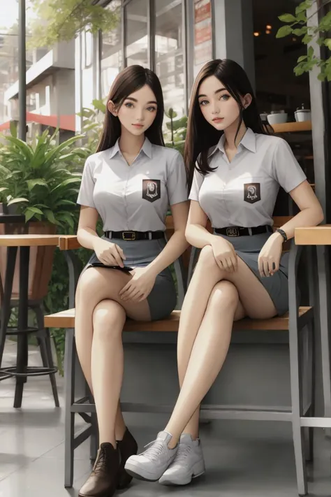 (((Ultra-HD-quality-details))) , two women, sitting, outdoor cafe, cewe-sma, from fitting, white shirt, gray skirt, belt, looking at viewer <lora:cewe-sma-2:1>