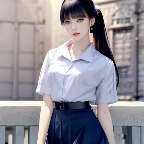 (masterpiece, best quality, 1girl, solo, intricate details, chromatic aberration), (realistic),(skin), ((breath)),(long black hair,blunt bangs),detailed hair, red head ornament, blue highlights, hair over one eye,purple eyes, earrings, sharp eyes,glasses,(mathayom uniform),(white shirt short sleeves),(navy_blue pleated skirt),(long skirt),dynamic angle,standing,dynamic pose,((symmetry eyes)),((perfect symmetrical body)),(pureerosface_v1:0.3), night,(((natural light))),backlighting,against grey  wall, dim lighting ,look at viewer,((centered shot, from front,(face and waist))),<lora:koreanDollLikeness_v15:0.2>  ,<lora:thaiHighSchool_thaiHighSchool:0.7>