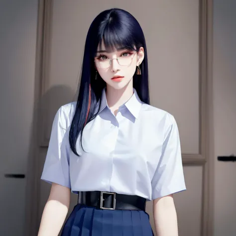 (masterpiece, best quality, 1girl, solo, intricate details, chromatic aberration), (realistic),(skin), ((breath)),(long black hair,blunt bangs),detailed hair, red head ornament, blue highlights, hair over one eye,purple eyes, earrings, sharp eyes,glasses,(mathayom uniform),(white shirt short sleeves),(navy_blue pleated skirt),(long skirt),dynamic angle,standing,dynamic pose,((symmetry eyes)),((perfect symmetrical body)),(pureerosface_v1:0.3), night,(((natural light))),backlighting,against grey  wall, dim lighting ,look at viewer,((centered shot, from front,(face and waist))),<lora:koreanDollLikeness_v15:0.2>  ,<lora:thaiHighSchool_thaiHighSchool:0.7>