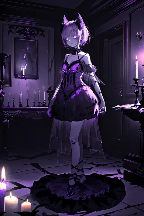 anime girl in a purple dress standing in a dark room