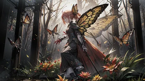 a woman in a fairy costume standing in a forest with butterflies