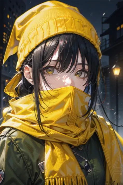 a woman in a yellow scarf and hat standing in the rain