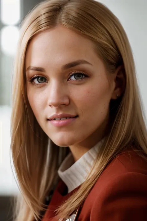 a close up of a woman with long blonde hair and a sweater