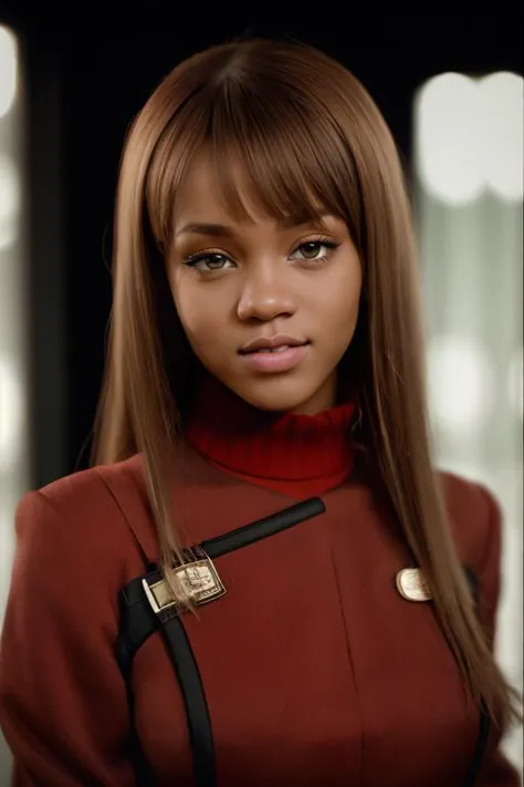 a woman with long hair wearing a red jacket and a black top