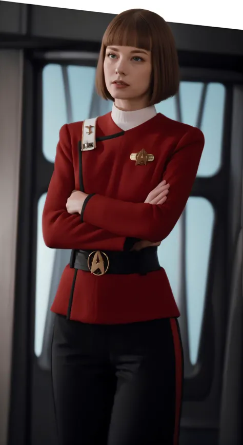 a woman in a red uniform standing with her arms crossed