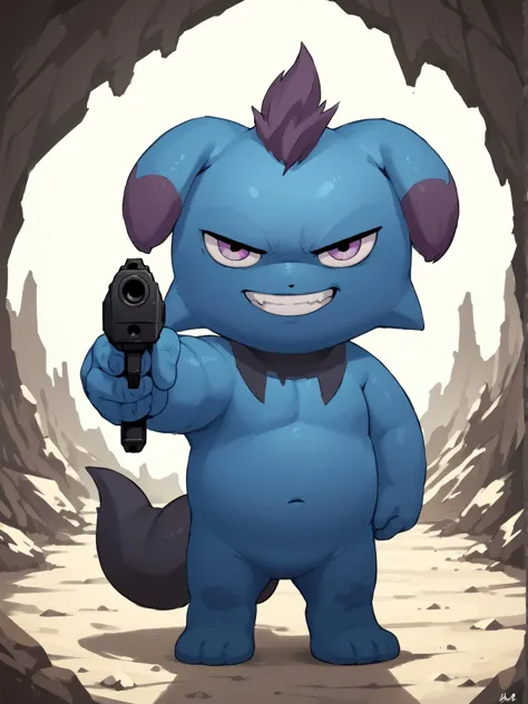 a cartoon blue dog holding a gun in a cave