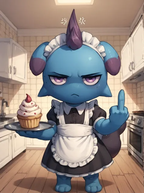 cartoon character of a blue monster holding a cupcake in a kitchen