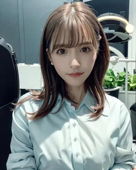 best quality, photorealistic, 8k, high res, 1girl, woman, (skindentation), (professional lighting), ((close buttoned office shirt:1.6)), (portrait:0.6), gorgeous, (medium hair:1.7), (1girl eyes looking at viewer:1), ((looking at viewer:1.6)), (1girl looking at the camera), photorealistic, (bokeh), (portait:0.6), (dynamic pose:1.2), masterpiece, intricate, realistic, sharp focus, award-winning photograph, (parted lips:1), 