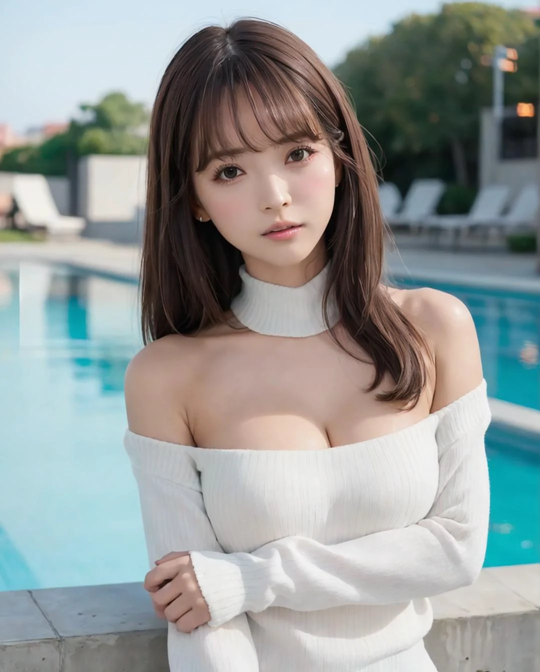 pureerosface_v1, best quality, photorealistic, 8k, high res, 1girl, woman, (skindentation), (portrait:0.6), gorgeous, dynamicpose, ((poolsidebackground:1.6)), coconut tree, ((mediumsize roundbreast, white highnecksweater:1.4)), straight-looking at viewer:1.8, (1girl eyes looking at viewer, medium-length hair,  brownhair, partedbangs:1.65), (bokeh), (closed mouth:1.46), 
