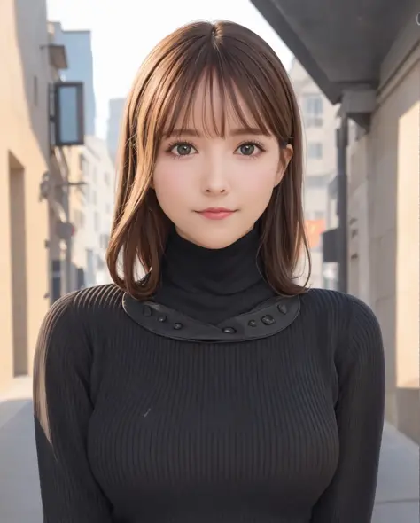 best quality, photorealistic, 8k, high res, 1girl, woman, (skindentation), (portrait:0.6), ((cityscapebackground:1.52)), full color, ((smallsize round breast, highneck sweater:1.5)), straight-looking at viewer:1.8, (1girl eyes looking at viewer:1.45, medium-length hair, blackhair, partedbangs:1.45), (bokeh),   <lora:CBAV-yua2:0.69>