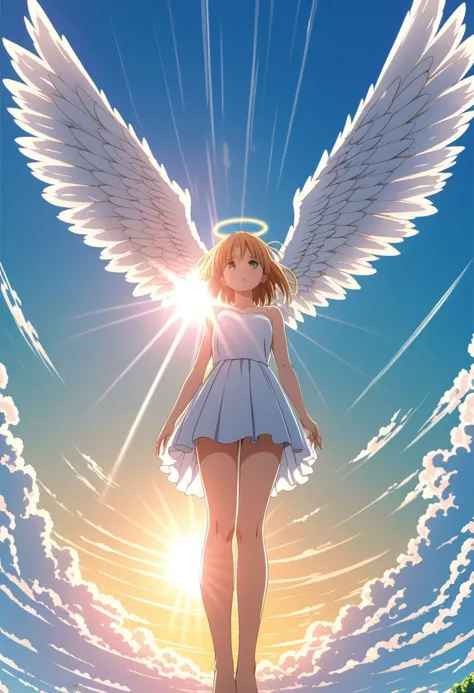 8K, 4K. Anime angel is coming to you, from below, beautiful day with a sky with sun. (absurd, love and comfort scenario)