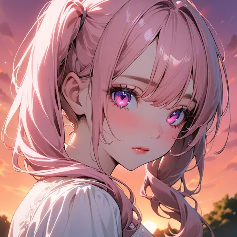 One girl in the park, pink hair, pink eyes, black pupils, ((perfect eyes, perfect iris, anime eyes, detailed eyes, beautiful eyes)), hair collected in two pigtails, red cheeks, medium sized breasts, pink lips, detailed nose, wears a white blouse, (high quality, absurd detail, masterpiece), anime style, sunset lighting