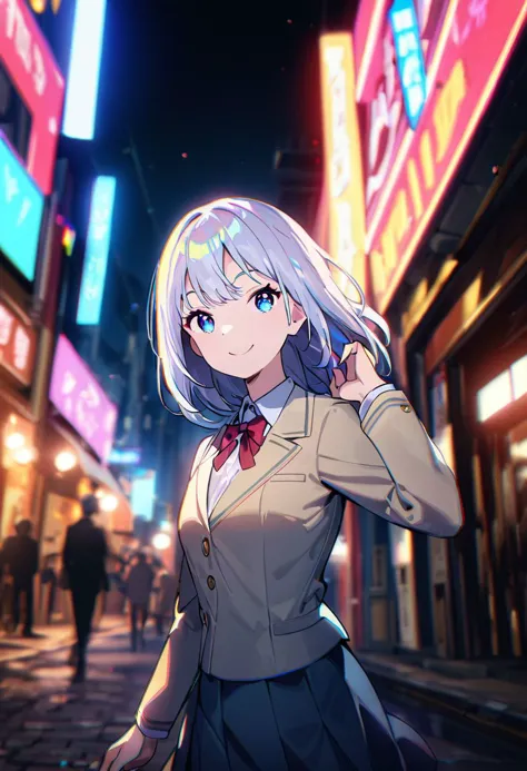 anime girl in a school uniform walking down a street at night