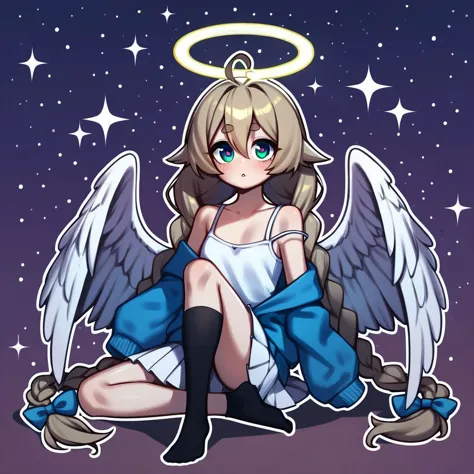 a cartoon picture of a girl with angel wings and a blue dress