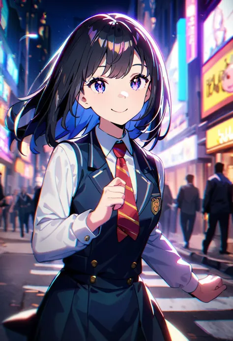 anime girl in school uniform walking down a busy street