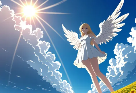 anime girl with angel wings standing on a hill with sun in the background