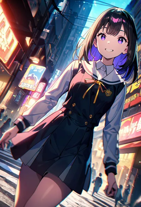 1girl, school uniform, smile, solo, city street, dynamic angle, colorful, chromatic aberration, Movie Still, Cinematic Lighting, sensitive, masterpiece, best quality, very aesthetic, absurdres